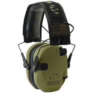 Walker's Razor Patriot slim electronic earmuffs in OD green with USA flag patches