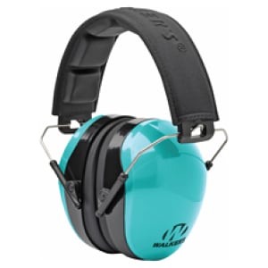 Walker's aqua blue and black passive earmuffs, 26 dB NRR, over-the-head folding design