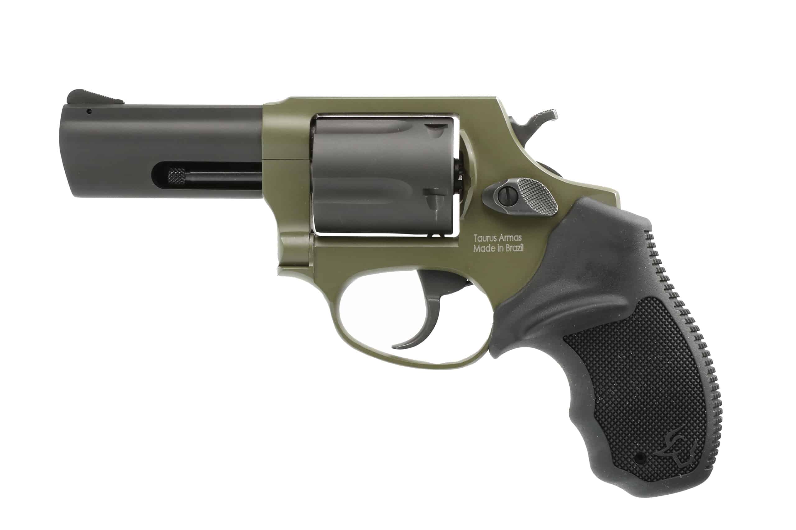 Taurus 605 3 inch revolver with Sniper Green frame, matte black barrel, and Hogue rubber grip