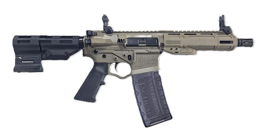 ATI Alpha Maxx HGA 5.56x45mm 7.5in FDE pistol with 7-inch M-LOK handguard and flip-up sights