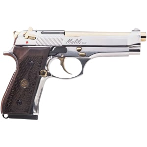 Derya Melik 9mm pistol 4.9 in polished nickel with gold TiN barrel
