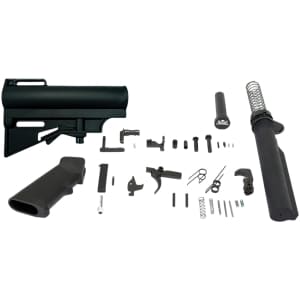 DPMS Panther Arms CAR-15 lower build kit components: stabilizing brace, A2 grip, trigger guard, buffer tube — black