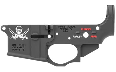 Spikes Tactical Calico Jack stripped lower receiver, black finish, 7075 aluminum, color-filled marking