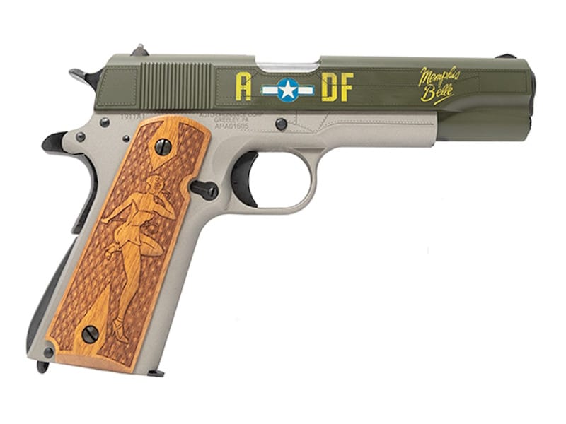Auto-Ordnance 1911A1 Memphis Belle .45 ACP 5 inch barrel Cerakote pistol with engraved hardwood grips