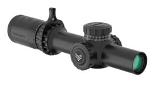 Swamp Fox Tomahawk II 1-4x24 SFP riflescope, black, showing red BDC reticle
