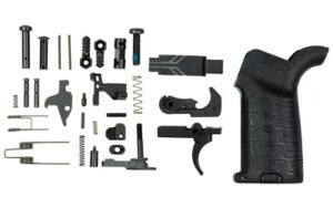 CMMG Zeroed Lower Parts Kit for AR-15 in black showing complete lower parts kit contents
