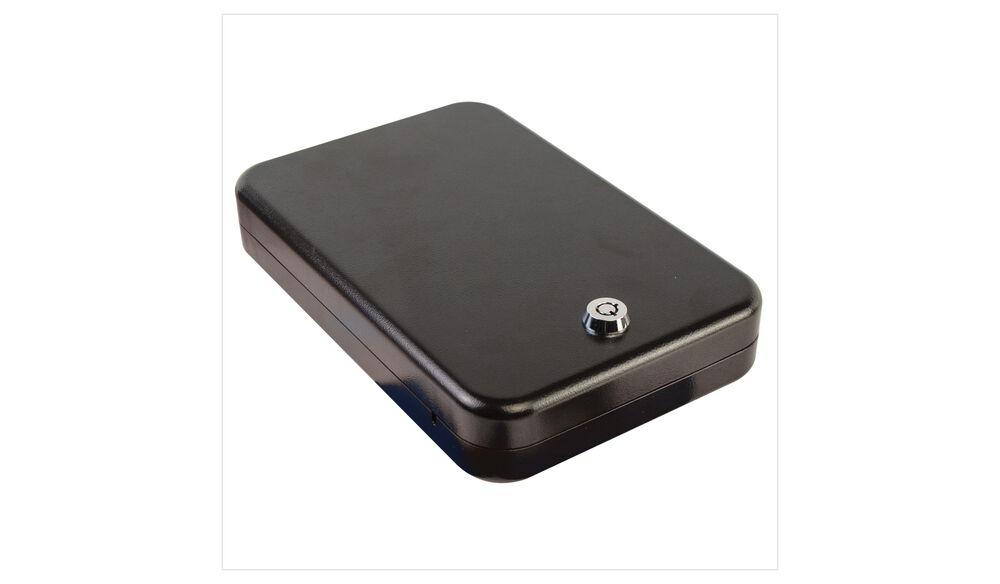 AOB Lockdown Keyed Handgun Vault - Large, front view showing keyed lock and cable