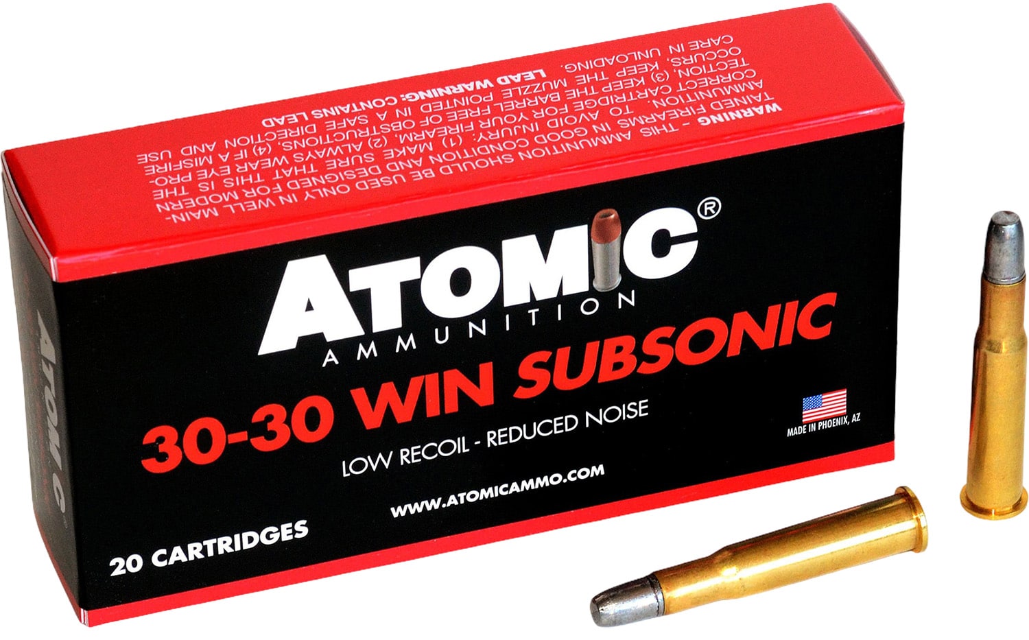 Box of Atomic 00410 Subsonic .30-30 Winchester 165gr lead round nose flat point ammunition, 20 rounds per box