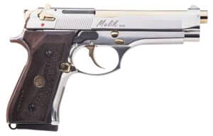 Derya Melik 9mm pistol with polished nickel finish, serrated slide and black frame