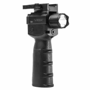 NCSTAR vertical foregrip with integrated flashlight and green laser mounted on a Picatinny rail