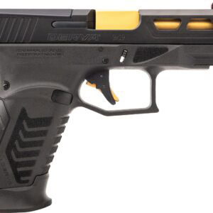 Derya DY9 9mm pistol, black frame with gold-barrel accents, optics-ready slide