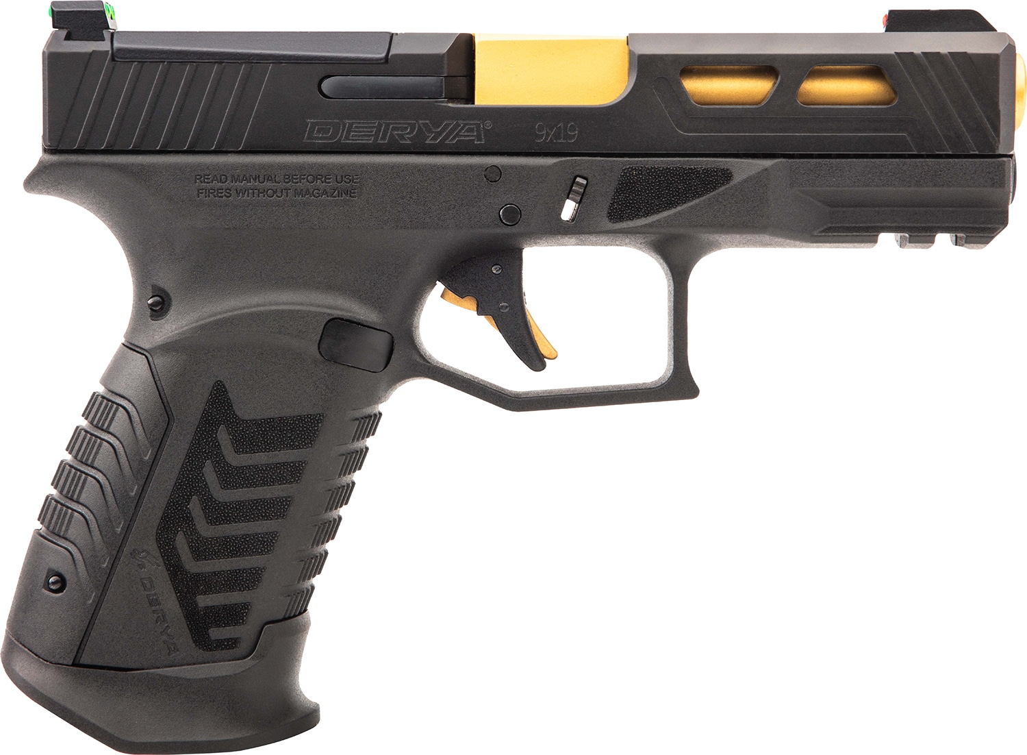 Derya DY9 9mm pistol, black frame with gold-barrel accents, optics-ready slide