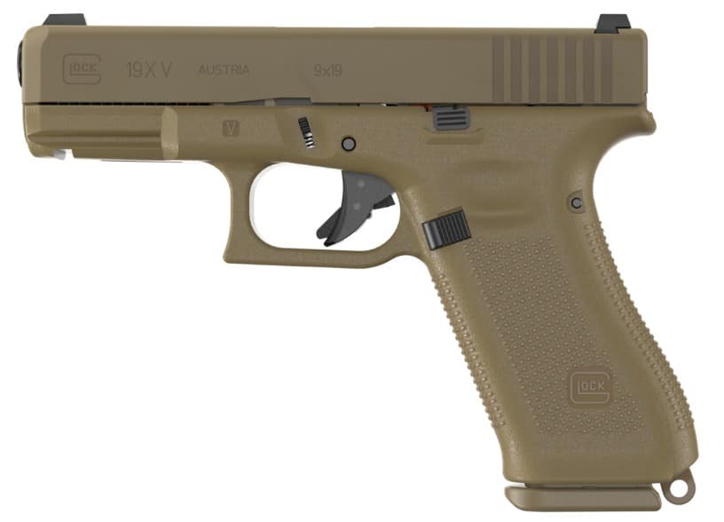 Glock 19X V 9mm pistol in coyote nPVD finish with three 10-round magazines