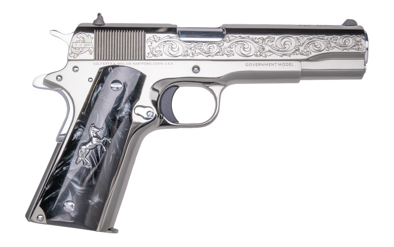 CNC Colt 1911 Warhorse .45 ACP 5in engraved pistol with black pearl grips and black chrome finish