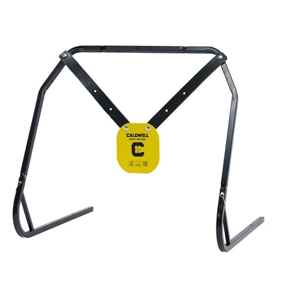 Caldwell 8-inch AR500 steel gong target with collapsible stand and XL strap hangers, yellow