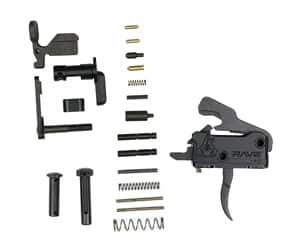 Rise Armament RAVE trigger with lower parts kit in black, showing trigger and included pins