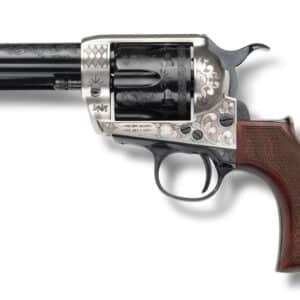 Pietta 1873 Alchimista Jr revolver, 3.5-inch round barrel, Old Silver and Blue two-tone finish with engraved checkered grips