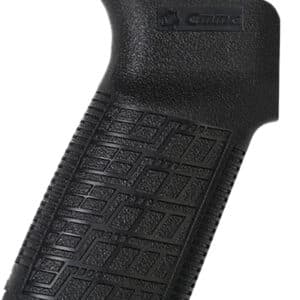 CMMG Zeroed black polymer pistol grip showing hinged storage latch