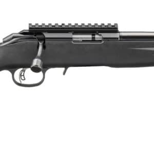 Ruger American Rimfire rifle with 16.1 inch threaded barrel and black synthetic stock