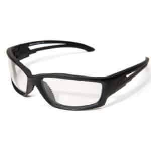 Safety glasses with black frame and clear lenses for industrial safety.