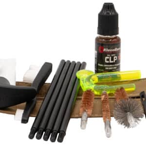 Gun cleaning kit with brushes, oil, cloths, and tools for firearm maintenance.