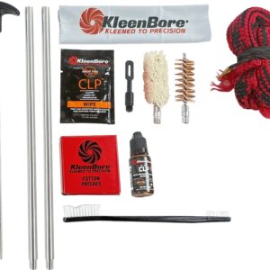 Garage door repair tool kit with cleaning supplies and accessories for maintenance and installation.
