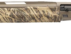 Hunting rifle with camouflage stock and scope, ideal for outdoor shooting activities.