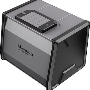 Security safe with electronic keypad lock for secure storage of valuables.