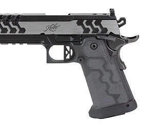 Close-up of a modern black brass handgun with textured grip and tactical sights.