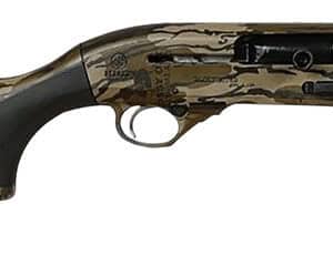 Camouflage hunting rifle with scope and wooden stock for outdoor shooting.