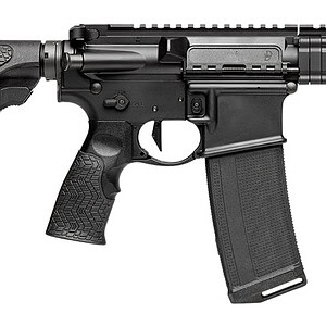Tactical rifle with adjustable stock, long barrel, and rail system for accessories.
