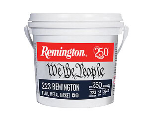 Remington 250 Buckshot ammo in a white container with red and blue label.