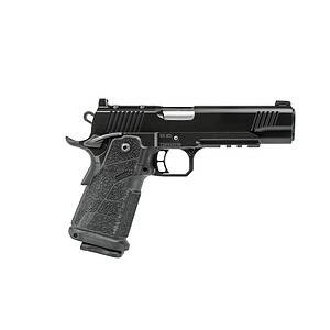Semi-automatic black pistol with textured grip, ideal for personal protection and shooting sports.