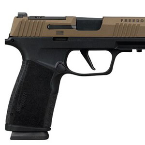 Tactical pistol featuring a tan slide and black frame, ideal for self-defense and shooting sports.