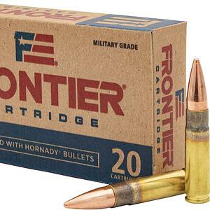 Ammunition box featuring Frontier brand loaded with Hornady bullets, ideal for hunting and shooting.